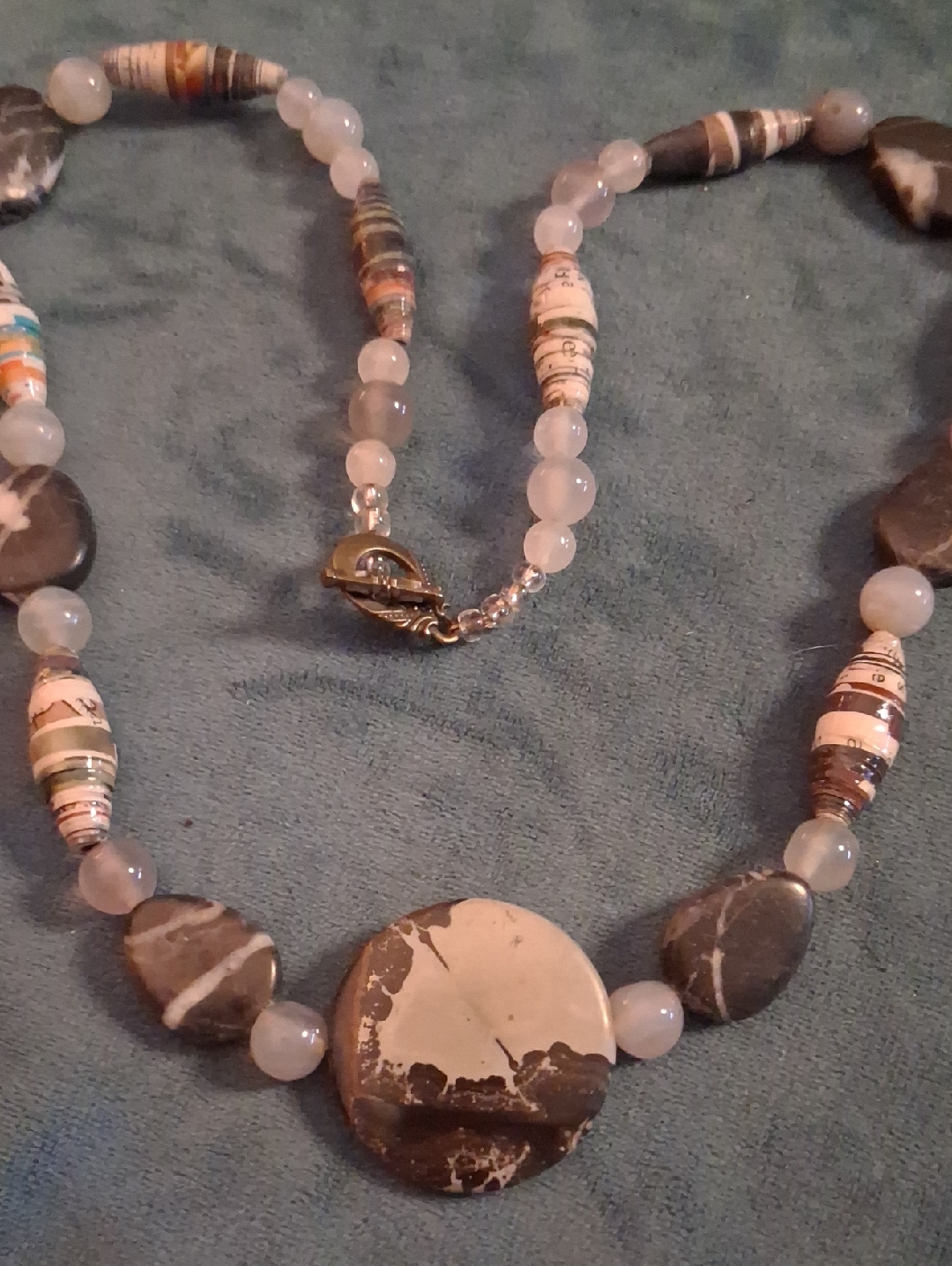 Handmade Brown And Cream Stone Beaded Necklace 18 In Long